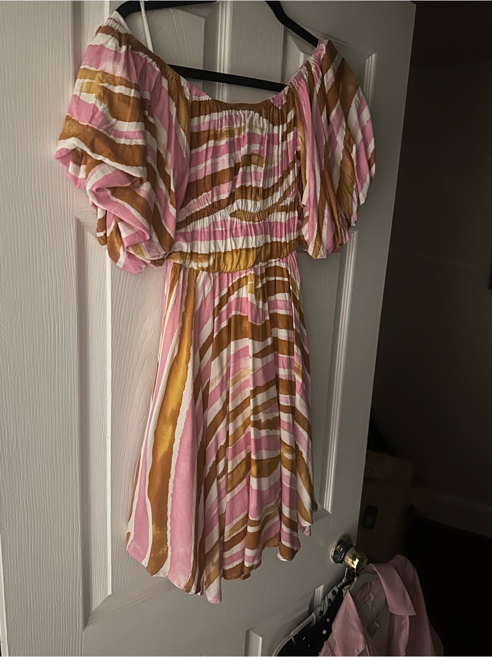 Aleeza Paris Smocked Off-Shoulder Mini Dress in Pink & Brown Stripe